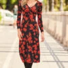Black & Red Floral Print Ruched Front V Neck Midi Jersey Dress 2 Black & Red Floral Print Ruched Front V Neck Midi Jersey Dress -Sosandar Fashion Store web 26 a22dj006bkfl01 026