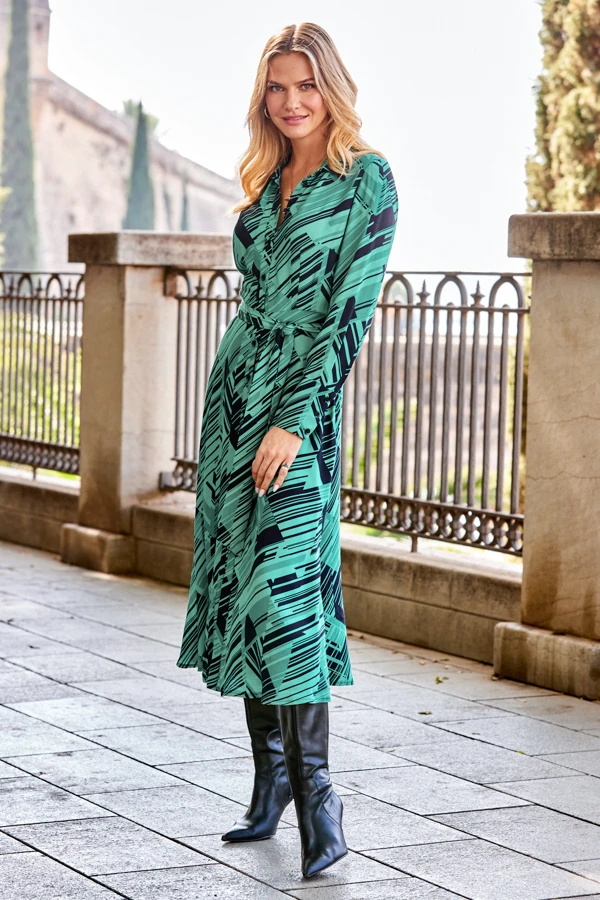 Green & Black Geometric Print Midi Shirt Dress With Belt 6 Green & Black Geometric Print Midi Shirt Dress With Belt - Image 4