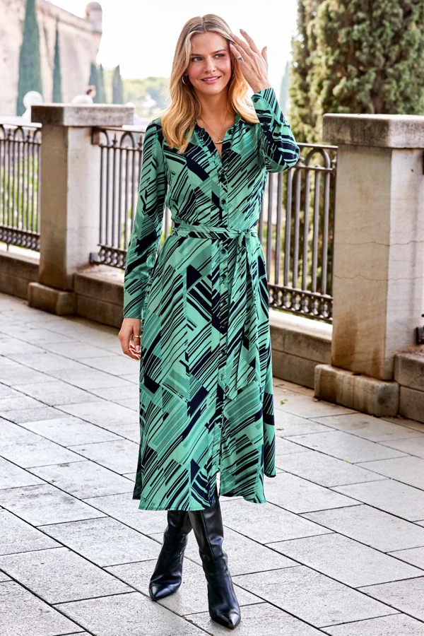 Green & Black Geometric Print Midi Shirt Dress With Belt 3 Green & Black Geometric Print Midi Shirt Dress With Belt
