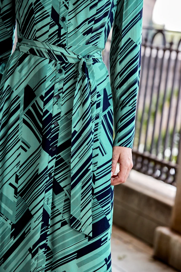 Green & Black Geometric Print Midi Shirt Dress With Belt 7 Green & Black Geometric Print Midi Shirt Dress With Belt - Image 5