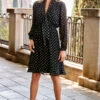 Black & Gold Metallic Spot Print Tie Neck Dress -Sosandar Fashion Store web 28 s23dw002bksp01 147
