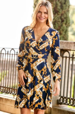 Navy Blue & Gold Baroque Print Belted Fit & Flare Dress -Sosandar Fashion Store web 29 a22dw075becv01 156