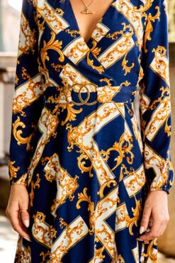 Navy Blue & Gold Baroque Print Belted Fit & Flare Dress -Sosandar Fashion Store web 29 a22dw075becv01 197
