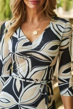 Black & White Floral Print Tie Waist Jersey Midi Dress -Sosandar Fashion Store web 29 s22dj182tafl01 116