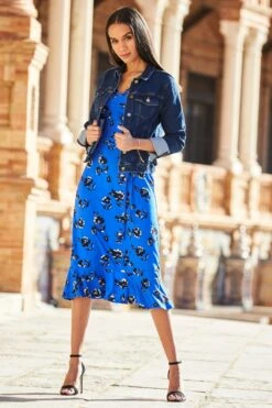 Cobalt Blue Floral Print Ruffle Hem Midi Jersey Dress -Sosandar Fashion Store web 30 s22dj048 047