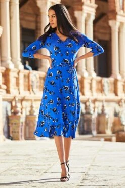 Cobalt Blue Floral Print Ruffle Hem Midi Jersey Dress -Sosandar Fashion Store web 30 s22dj048 134