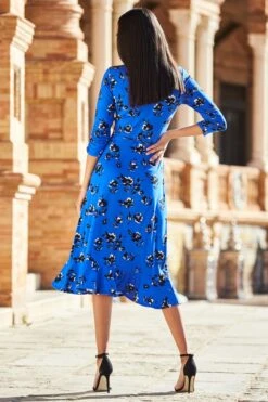 Cobalt Blue Floral Print Ruffle Hem Midi Jersey Dress -Sosandar Fashion Store web 30 s22dj048 218