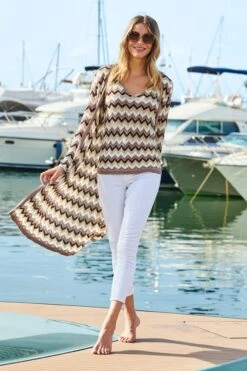 Neutral Metallic Chevron Print Longline Cardigan -Sosandar Fashion Store web 33 s22tk229mi0001 s22tk228mi0001 030 1