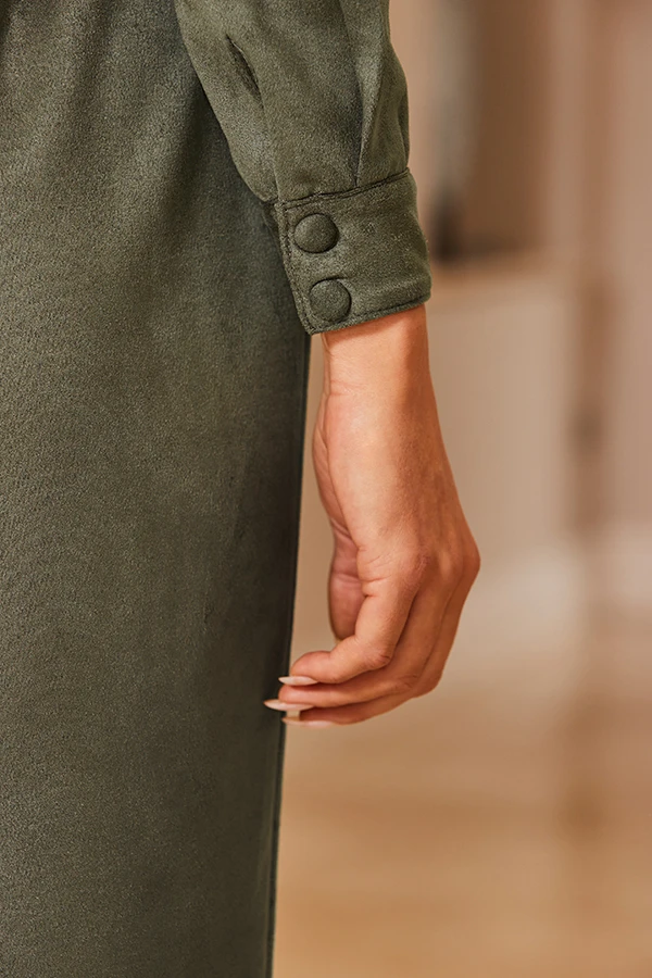 Khaki Green Faux Suede Shirt Dress 6 Khaki Green Faux Suede Shirt Dress - Image 4