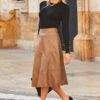 Tan Faux Leather Panelled A-Line Midi Skirt 1 Tan Faux Leather Panelled A-Line Midi Skirt -Sosandar Fashion Store web 35 a23sp015bn0004 a20tk001bk 034 rc 2