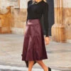 Burgundy Leather Look Panelled A-Line Midi Skirt -Sosandar Fashion Store web 35 s20sp002 a20tk001bk 034 burgundy rt