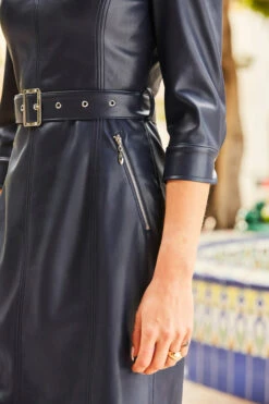Navy Blue Faux Leather Belted Dress With Pockets -Sosandar Fashion Store web 35 s22dp001be 093