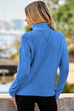 Azure Blue Roll Neck Pointelle Jumper -Sosandar Fashion Store web 35 s23tk615be0029 132 rc