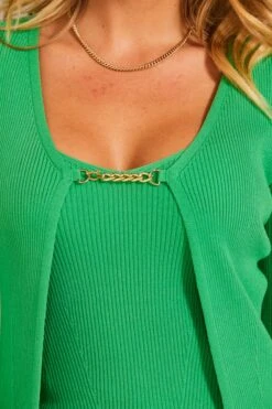 Green Rib Knit Gold Chain Detail Cardigan -Sosandar Fashion Store web 38 s23tk806gn0016 s23tk807gn0016 127