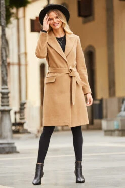 Camel Belted Wool Mix Coat With Pockets -Sosandar Fashion Store web 39 s22ow085bn a20bd095bk 139