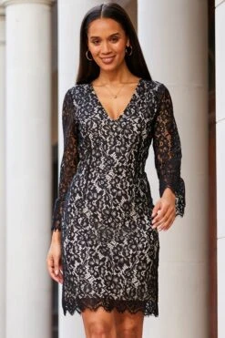 Black Luxe Lace Fluted Sleeve Shift Dress -Sosandar Fashion Store web 39 s23dw085bk0001 027