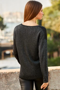 Black Metallic Sparkle Knit V Neck Jumper 11 Black Metallic Sparkle Knit V Neck Jumper -Sosandar Fashion Store web 40 a22tk418bk0001 s23bp001bk0001 203