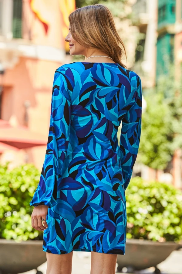 Blue Swirl Print V Neck Ruched Front Shift Jersey Dress 5 Blue Swirl Print V Neck Ruched Front Shift Jersey Dress - Image 3