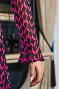 Black & Pink Geometric Print Wrap Front Dress -Sosandar Fashion Store web 41 s22dw004bkpk01 089