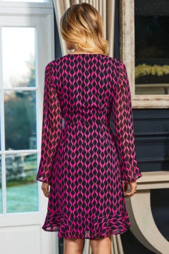 Black & Pink Geometric Print Wrap Front Dress -Sosandar Fashion Store web 41 s22dw004bkpk01 107