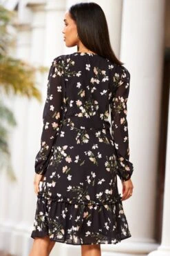 Black Floral Print Ruffle Detail Fit & Flare Dress -Sosandar Fashion Store web 41 s23dw052bkfl01 187