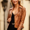 Tan Leather Biker Jacket -Sosandar Fashion Store web 42 sa17or01bn 063