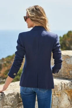 Navy Blue Linen Blend Tuxedo Blazer Jacket -Sosandar Fashion Store web 44 s22ow007pt0009 a21bd112be0010 128 2 1 1