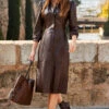 Chocolate Brown Leather Popper Front Shirt Dress 1 Chocolate Brown Leather Popper Front Shirt Dress -Sosandar Fashion Store web 44 s23dl002pt0004 073