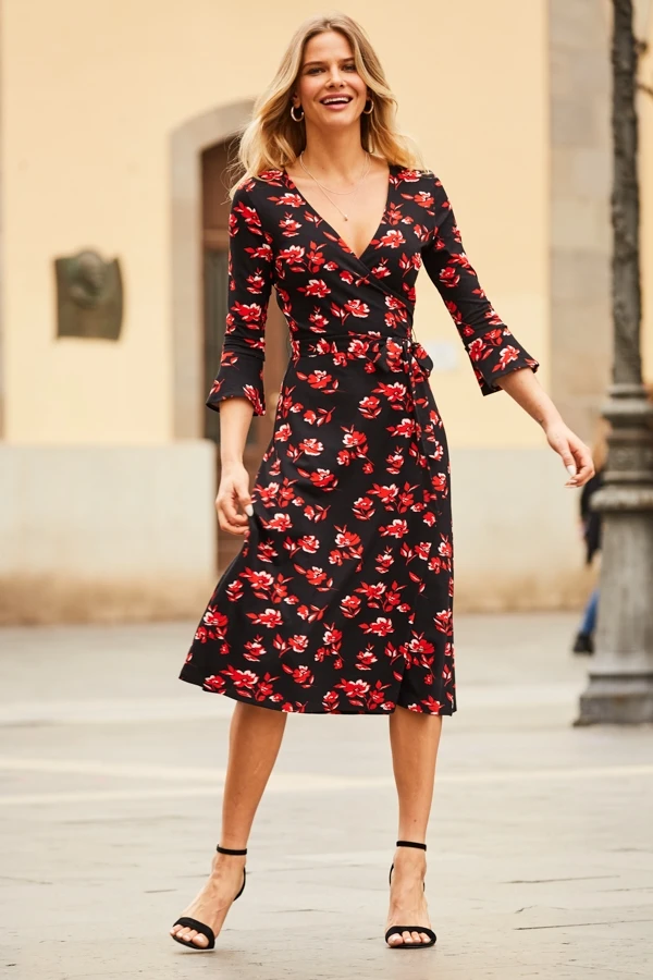 Black & Red Floral Print Jersey Midi Dress 4 Black & Red Floral Print Jersey Midi Dress - Image 2