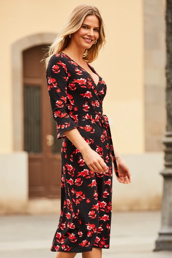 Black & Red Floral Print Jersey Midi Dress 6 Black & Red Floral Print Jersey Midi Dress - Image 4