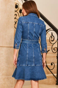Indigo Blue Fluted Hem Belted Denim Dress 10 Indigo Blue Fluted Hem Belted Denim Dress -Sosandar Fashion Store web 47 s23dd010be0010 101