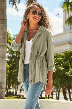 Khaki Green Drawstring Waist Cargo Jacket