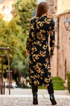 Black & Gold Baroque Print Zip Front Dress -Sosandar Fashion Store web 51 a22dw074bkcv01 076