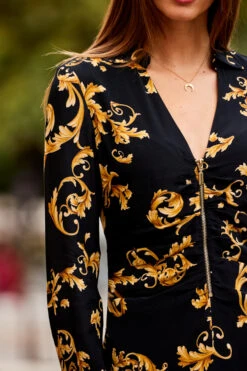 Black & Gold Baroque Print Zip Front Dress -Sosandar Fashion Store web 51 a22dw074bkcv01 093