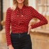 Red & Black Geometric Print Tie Neck Faux Wrap Jersey Top