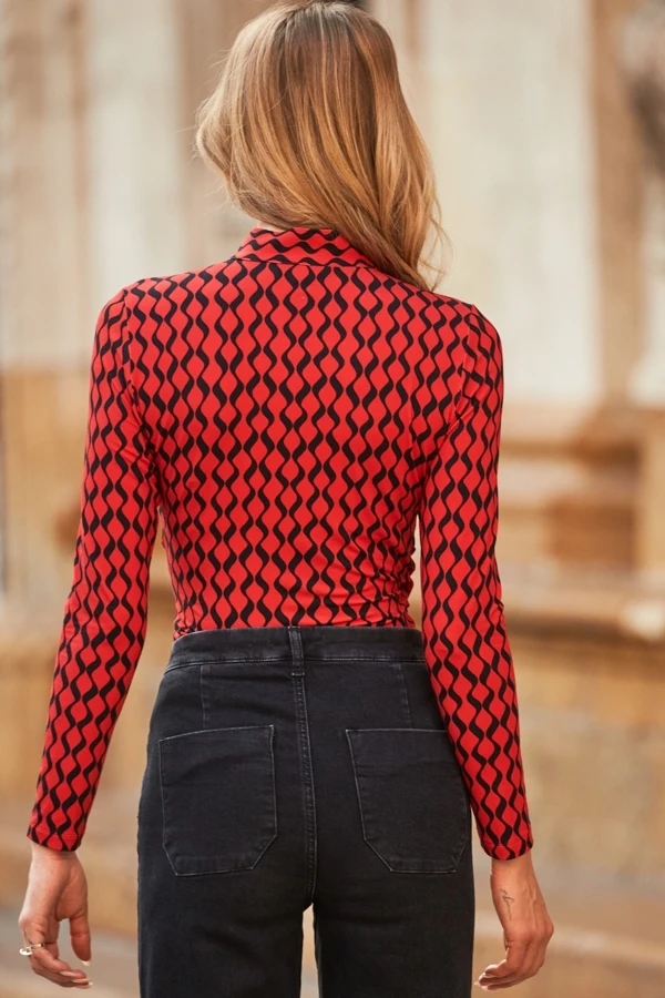 Red & Black Geometric Print Tie Neck Faux Wrap Jersey Top 5 Red & Black Geometric Print Tie Neck Faux Wrap Jersey Top - Image 3