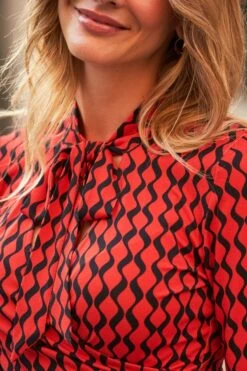 Red & Black Geometric Print Tie Neck Faux Wrap Jersey Top 12 Red & Black Geometric Print Tie Neck Faux Wrap Jersey Top -Sosandar Fashion Store web 51 a22tj007rdge01 a22bd022bk0001 272