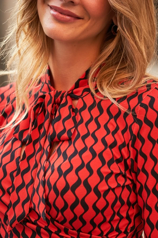 Red & Black Geometric Print Tie Neck Faux Wrap Jersey Top 6 Red & Black Geometric Print Tie Neck Faux Wrap Jersey Top - Image 4