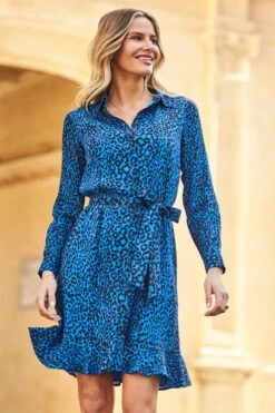 Blue Animal Print Fluted Hem Shirt Dress
