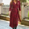 Red Animal Print Ruched Sleeve Midi Wrap Dress -Sosandar Fashion Store web 52 a22dw031rdan01 016 1