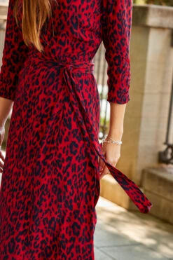 Red Animal Print Ruched Sleeve Midi Wrap Dress -Sosandar Fashion Store web 52 a22dw031rdan01 192 1