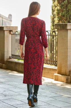 Red Animal Print Ruched Sleeve Midi Wrap Dress -Sosandar Fashion Store web 52 a22dw031rdan01 221 1