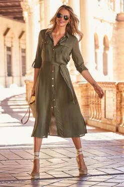Khaki Green & Luxe Gold Button Utility Midi Shirt Dress -Sosandar Fashion Store web 53 s22dw031gn 104 1