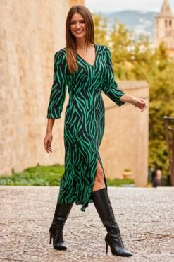 Black & Green Animal Print Midi Dress