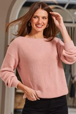 Soft Pink Sparkle Knit Tie Back Jumper -Sosandar Fashion Store web 56 s22ow431pk0014 s23tk859pk0014 406