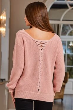 Soft Pink Sparkle Knit Tie Back Jumper -Sosandar Fashion Store web 56 s22ow431pk0014 s23tk859pk0014 468