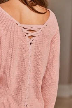 Soft Pink Sparkle Knit Tie Back Jumper -Sosandar Fashion Store web 56 s22ow431pk0014 s23tk859pk0014 487
