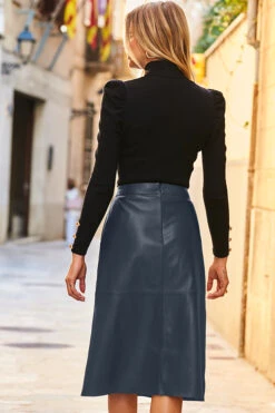 Grey Leather A-Line Skirt With Pockets 8 Grey Leather A-Line Skirt With Pockets -Sosandar Fashion Store web 57 a21sl003bk 145 grey rt