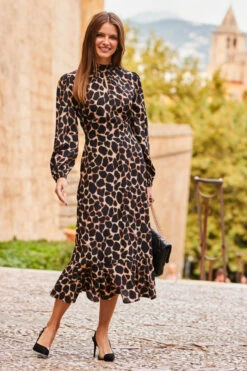 Black & Brown Animal Print Fit & Flare Midi Dress