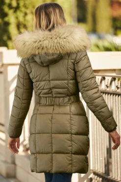Khaki Faux Fur Trim Luxe Longline Padded Coat -Sosandar Fashion Store web 58 s20ow009gn0031 136 rc 1